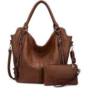 Women's Brown Large PU Leather Tote Bag - Fashion Hobo Purse w/Strap